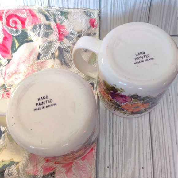 Vintage Hand Painted In Brazil, Pair of Floral Ceramic Mugs, Brazilian Artists - Picture 6 of 15